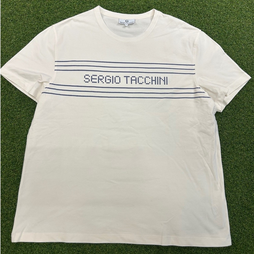 Sergio Tacchini Mens 2XL Off White Striped Logo Graphic T-Shirt Short Sleeve Tee